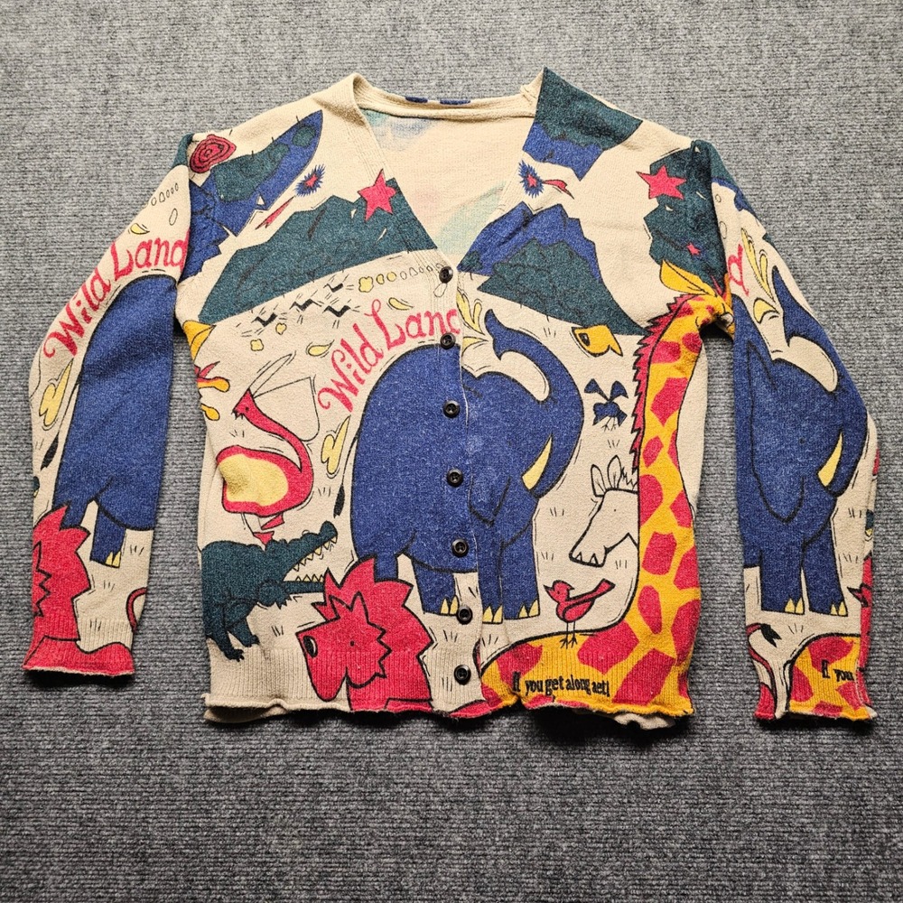 Wild Land Animal Print Cardigan Sweater Elephant Giraffe Lion V-Neck Large